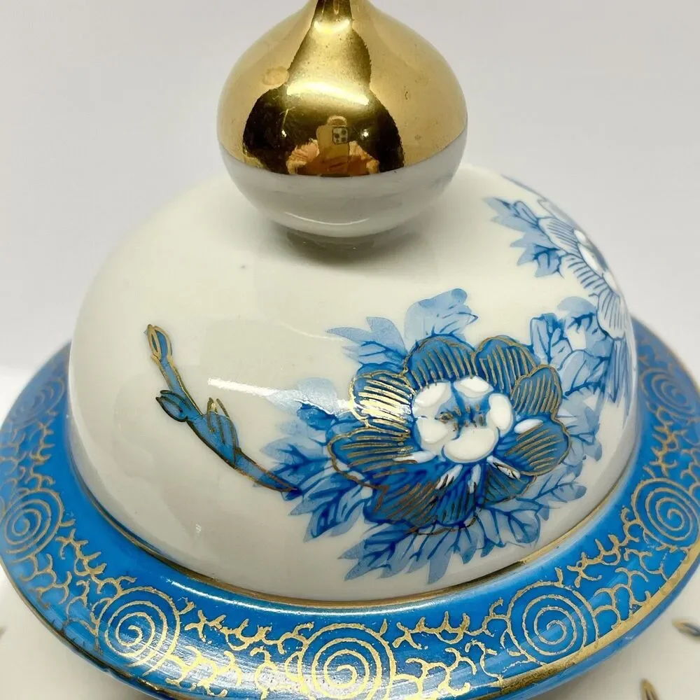Vintage Heygill Imports Japan Peacock Ginger Jar Blue, wht & Gold Lidded-EXCL